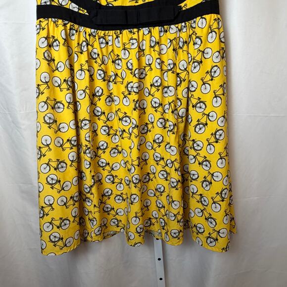eShakti Sleeveless Fit & Flare Bicycle Print Dress Yellow Black Bow Waist 1X 18W - Picture 4 of 6